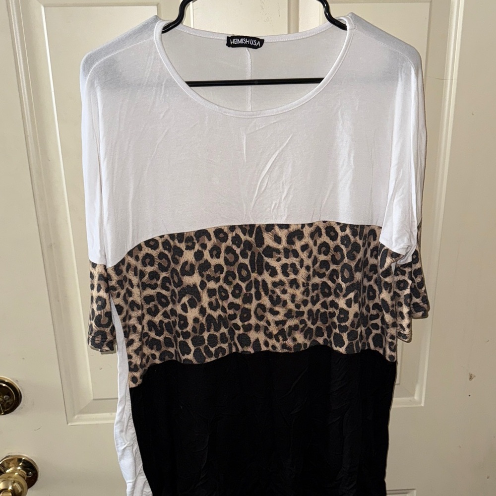 HEIMISH USA White, Leopard, and Black Colorblock Top